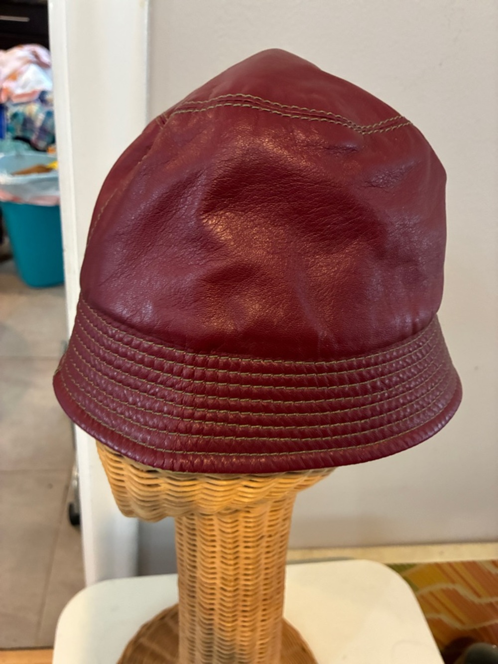 Vintage ? Leather deep red/ Burgundy with green stitching Leather Bucket Hat